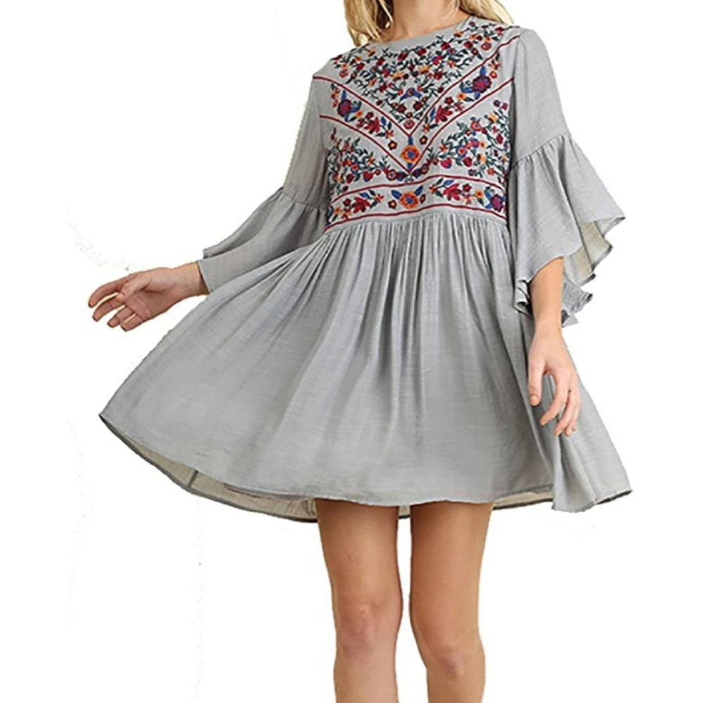 Grey Peasant Dress w/ Floral Embroidery, Umgee
